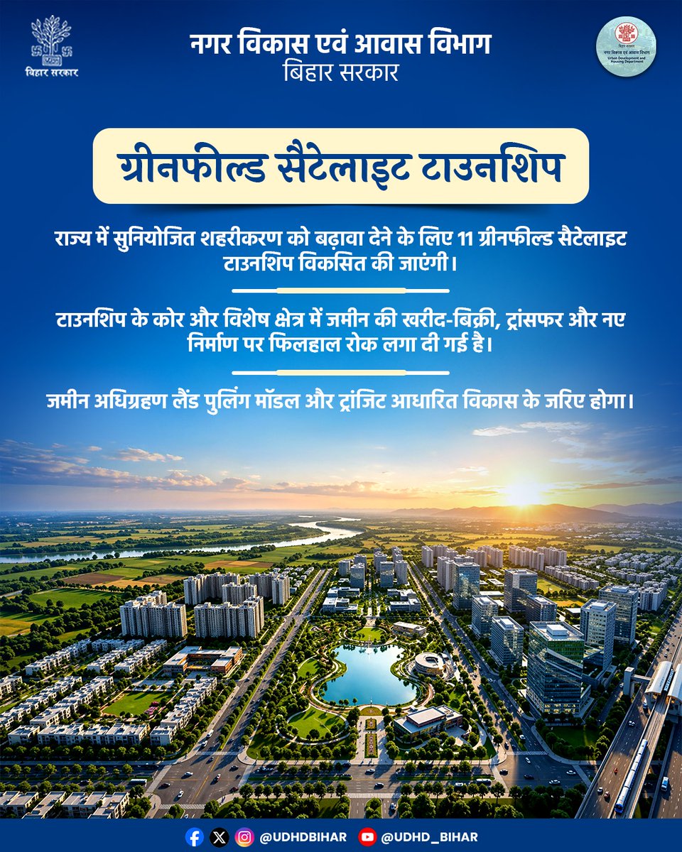 UDHDBIHAR's tweet image. राज्य में शहरी विकास को नई दिशा देने की तैयारी!

11 ग्रीनफील्ड सैटेलाइट टाउनशिप विकसित की जाएंगी, जिससे सुनियोजित और आधुनिक शहरीकरण को बढ़ावा मिलेगा।

📌 टाउनशिप के कोर और विशेष क्षेत्रों में फिलहाल जमीन की खरीद-बिक्री, ट्रांसफर और नए निर्माण पर रोक लगाई गई है।
#UrbanDevelopment