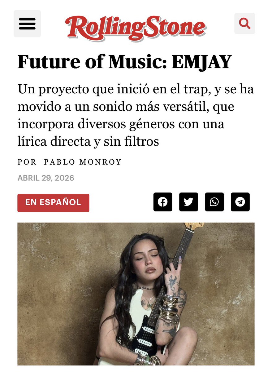 “Un proyecto que inició en el trap, y se ha movido a un sonido más versátil, que incorpora diversos géneros con una lírica directa y sin filtros”

<a href="/RollingStoneMX/">Rolling Stone en Español - México</a> nombra a EMJAY como la 5ta artista dentro de su plataforma transversal “Future of Music”.