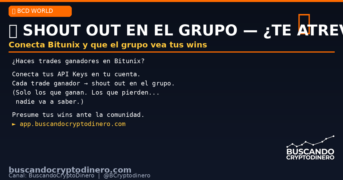 BCryptodinero's tweet image. 📣 ¿Haces trades ganadores en Bitunix?

Conecta tus API Keys en BCD World:
🏆 Cada win → shout out en el grupo de Telegram
🤫 Los que pierden, nadie sabrá

¿Te atreves?
app.buscandocryptodinero.com 🔥
#Bitunix #Trading #BCD #Crypto #Wins