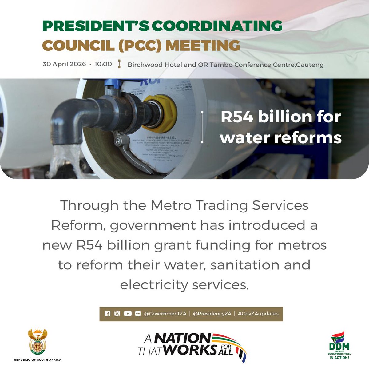GovernmentZA's tweet image. #PCC 💧 | Investing R54 billion in water reforms to strengthen service delivery 

Through the Metro Trading Services Reform, government has introduced a R54 billion grant to support metros in improving water, sanitation and electricity services.
#PCC #WaterSecurity #GovZAUpdates