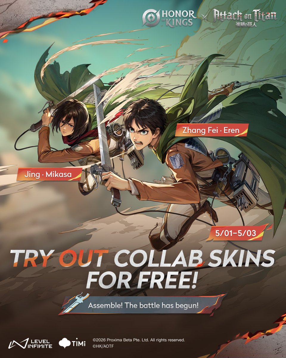 HonorOfKings's tweet photo. Let your Wings of Freedom soar over the Gorge!✨
For a limited time, try out collab skins for free!

From 5/01 to 5/03, play a match
to get Eren and Mikasa Skin Trials!🎁

Log in now! It's time to dedicate your hearts and fight for victory!❤️‍🔥

#HonorofKings #AttackonTitan #HoKxAttackonTitan #HoK