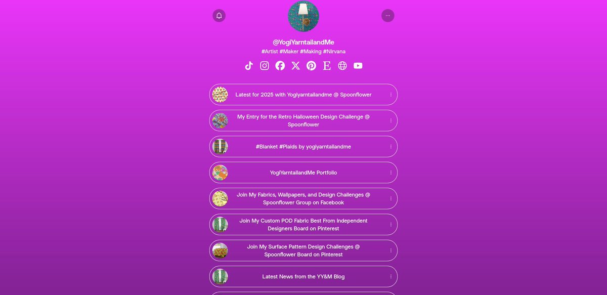 YogiYarntail's tweet image. For #followers who don't spend a lot of time on #socialnetworks

My #Blog 

…yarntailandmemakingnirvana.weebly.com

My #Portfolio 

yogiyarntailandme.myportfolio.com 

My #Linktree #Bio 

linktr.ee/YogiYarntailan… 

My #Behance 

behance.net/YogiYarntailAn… 

#YogiYarntailandMe