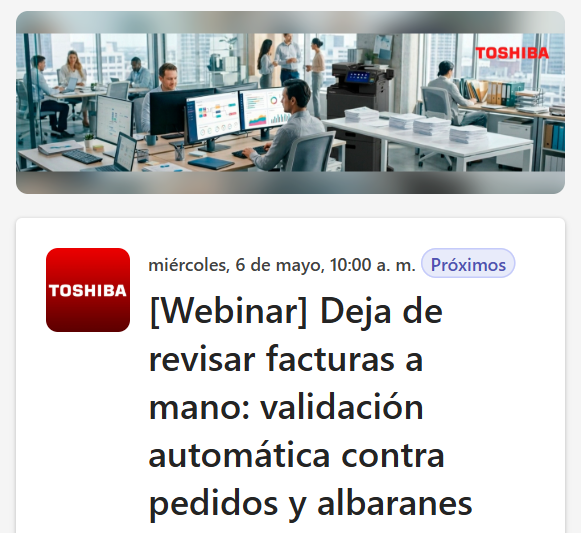 ToshibaTECSpain's tweet image. [#Webinar] 𝗗𝗲𝗷𝗮 𝗱𝗲 𝗿𝗲𝘃𝗶𝘀𝗮𝗿 𝗳𝗮𝗰𝘁𝘂𝗿𝗮𝘀 𝗮 𝗺𝗮𝗻𝗼: 𝘃𝗮𝗹𝗶𝗱𝗮𝗰𝗶𝗼́𝗻 𝗮𝘂𝘁𝗼𝗺𝗮́𝘁𝗶𝗰𝗮 𝗰𝗼𝗻𝘁𝗿𝗮 𝗽𝗲𝗱𝗶𝗱𝗼𝘀 𝘆 𝗮𝗹𝗯𝗮𝗿𝗮𝗻𝗲𝘀
𝗙𝗲𝗰𝗵𝗮: miércoles, 6 de mayo, 10:00 a m (hora española peninsular) 
my.ttec.es/validacionfact…
#Toshiba #ToshibaTec