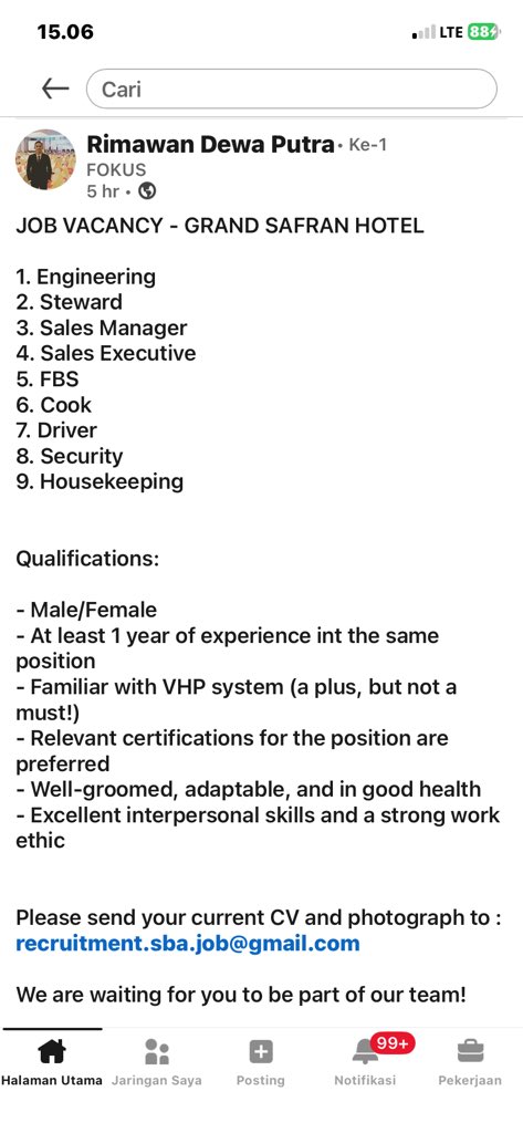 disnaker_babel's tweet photo. info Loker GRAND SAFRAN HOTEL-Pangkalpinang

untuk posisi:
1. Engineering
2. Steward
3. Sales Manager
4. Sales Executive
5. Cook
6. Driver
7. Security
8. Housekeeping
9. FBS

https://t.co/2IH9zCiMqW

#disnakerbabel https://t.co/LA4L6lh12W