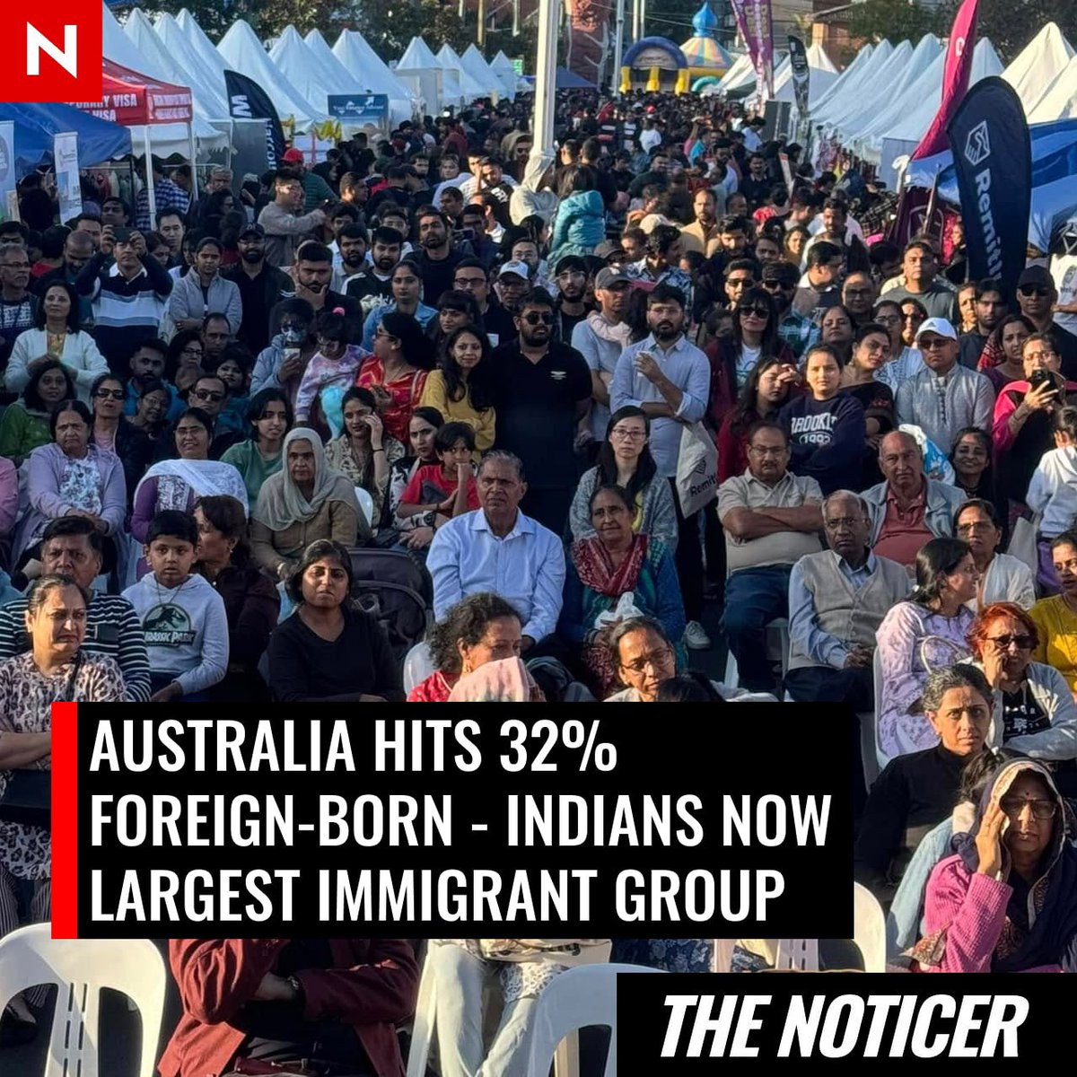 NoticerNews's tweet image. Australia is now 32% foreign-born and Indians are the largest immigrant group for the first time, overtaking those from England and more than doubling in 10 years, new official statistics show.