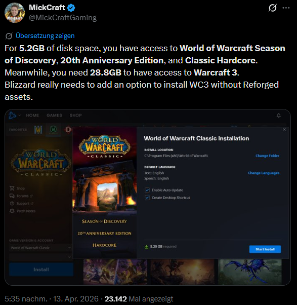 ChromieDe's tweet image. Vor ein paar Wochen noch gefragt, hat Blizzard es nun geliefert.
Ihr könnt nun eine pre-remasterte Version von Warcraft 3: The Frozen Throne installieren, die nicht nur kleiner, sondern auch den alten Charme bietet.
Jedoch mit Einschränkungen wie kein Multiplayer.
#warcraft