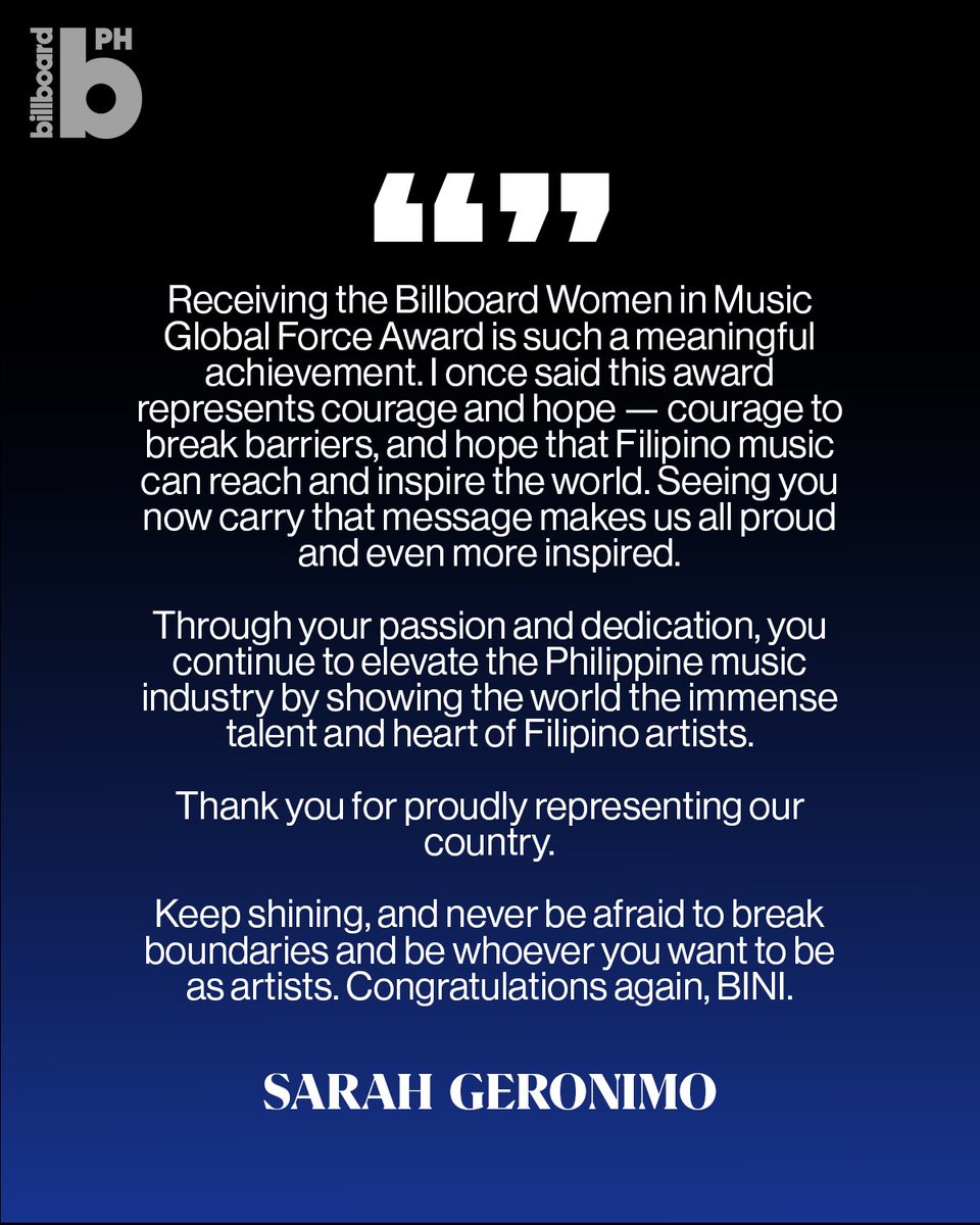 Wow, message of Sarah Geronimo to BINI.

credit: billboard Philippines

BINI GLOBAL FORCE FILIPINAS
 
#BINIForBBWomenInMusic #BINIGlobalForceHonoree