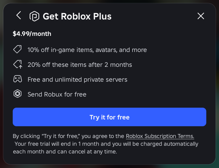 Roblox Plus subscription screen listing item discounts, private servers and Robux transfers