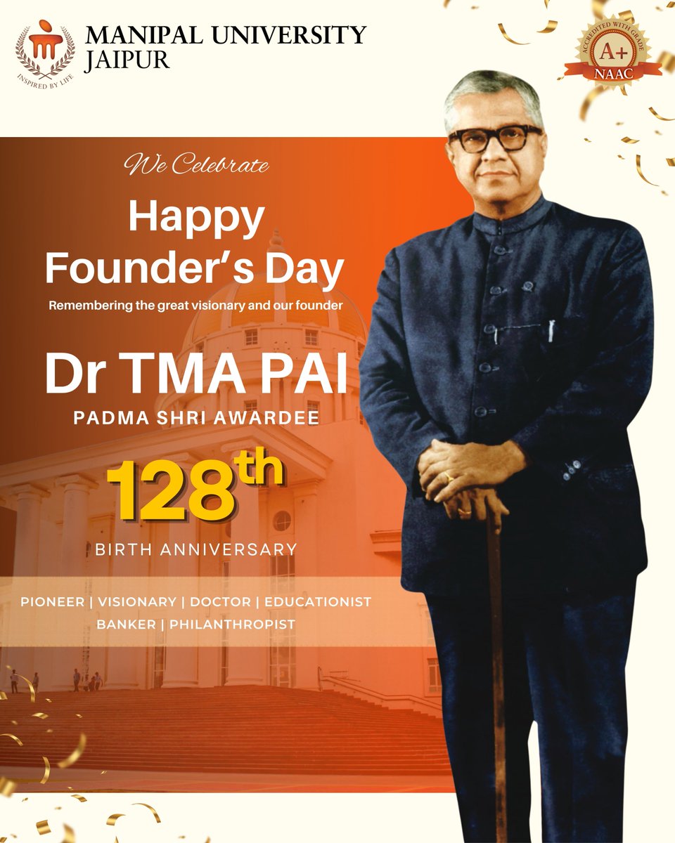 Jaipur_Manipal's tweet image. Remembering Dr. T. M. A. Pai on his 128th birth anniversary, a visionary who transformed education into a force for change.

His legacy of excellence, inclusivity, and service continues to inspire generations at Manipal University Jaipur and beyond.

#TMAPai #MUJ #FoundersDay