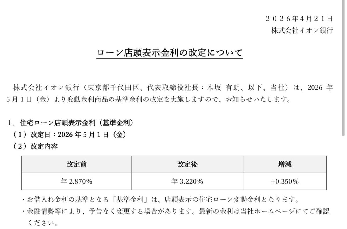 本日5月の住宅ローン金利が発表されます 注目は金利更改期が5月のSBI新生とイオン銀行🏦 両行ともに基準金利を0.35%引き上げると発表して ...