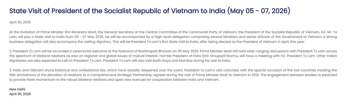 DDNewslive's tweet image. At the invitation of PM @narendramodi, the President of #Vietnam, To Lam, will pay a State Visit to India from 5-7 May 2026.  He will be accompanied by a high-level delegation comprising several Ministers and senior officials of the Government of Vietnam. 

A strong business