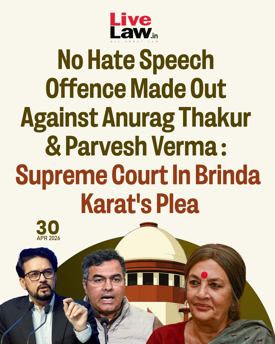 LiveLawIndia's tweet photo. In CPI(M) leader Brinda Karat's plea against alleged hate speeches by BJP leaders Anurag Thakur and Parvesh Verma in the year 2020, the Supreme Court today took a view that no cognizable offense for registration of an FIR was made out.
Read more: https://t.co/h7V2F1Zwdn
#SupremeCourt #BrindaKarat #AnuragThakur #ParveshVerma #HateSpeech