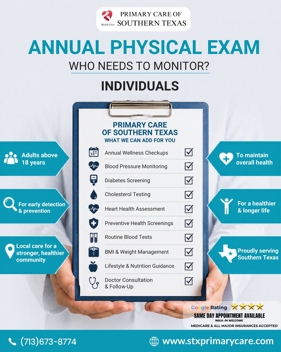 primarycarestx's tweet image. Annual physical exam = early detection + better health 

If you're 18+, regular checkups help monitor blood pressure, cholesterol, diabetes &amp;amp; more

Stay ahead of your health with STX Primary Care.
🌐 stxprimarycare.com
#AnnualCheckup #PreventiveCare #STXPrimaryCare