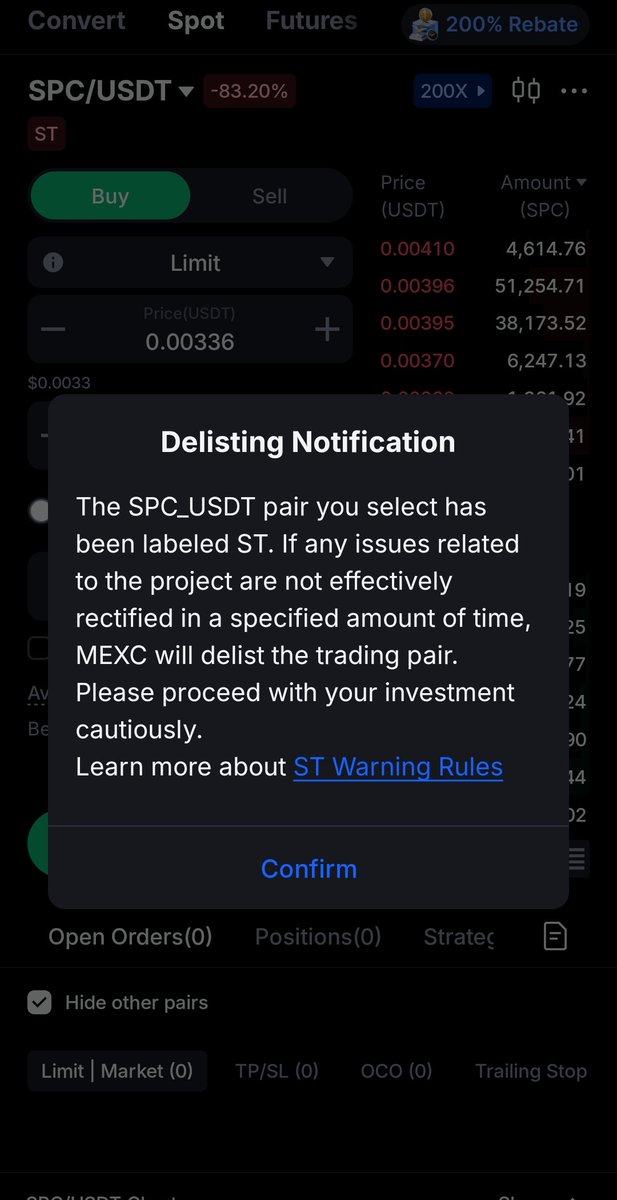 YourShanya's tweet photo. It’s been less than 24 hours and these exchanges @krakenfx, @kucoincom, and @MEXC ready to delist this garbage. MEXC is already delisting it. This is a manufactured scam by @intodotspace and these greedy exchanges. Boycott these platforms, guys!

$SPC #SPC #SPACESCAM #SCAM https://t.co/gsLnnosTyA