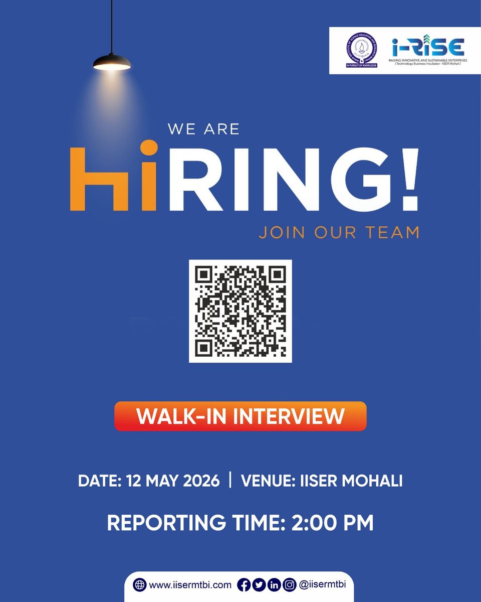 iisermtbi's tweet photo. i-RISE Technology Business Incubator, IISER Mohali has announced an opening for the position of Lab Manager.

📅 Walk-in Interview: 12 May 2026
📍 Location: IISER Mohali
⏰ Reporting Time: 2:00 PM
🔗 To know more, click on: https://t.co/Oa5ZoqocYD

#LabManager #JobOpeningy https://t.co/Jx6IpMuPra