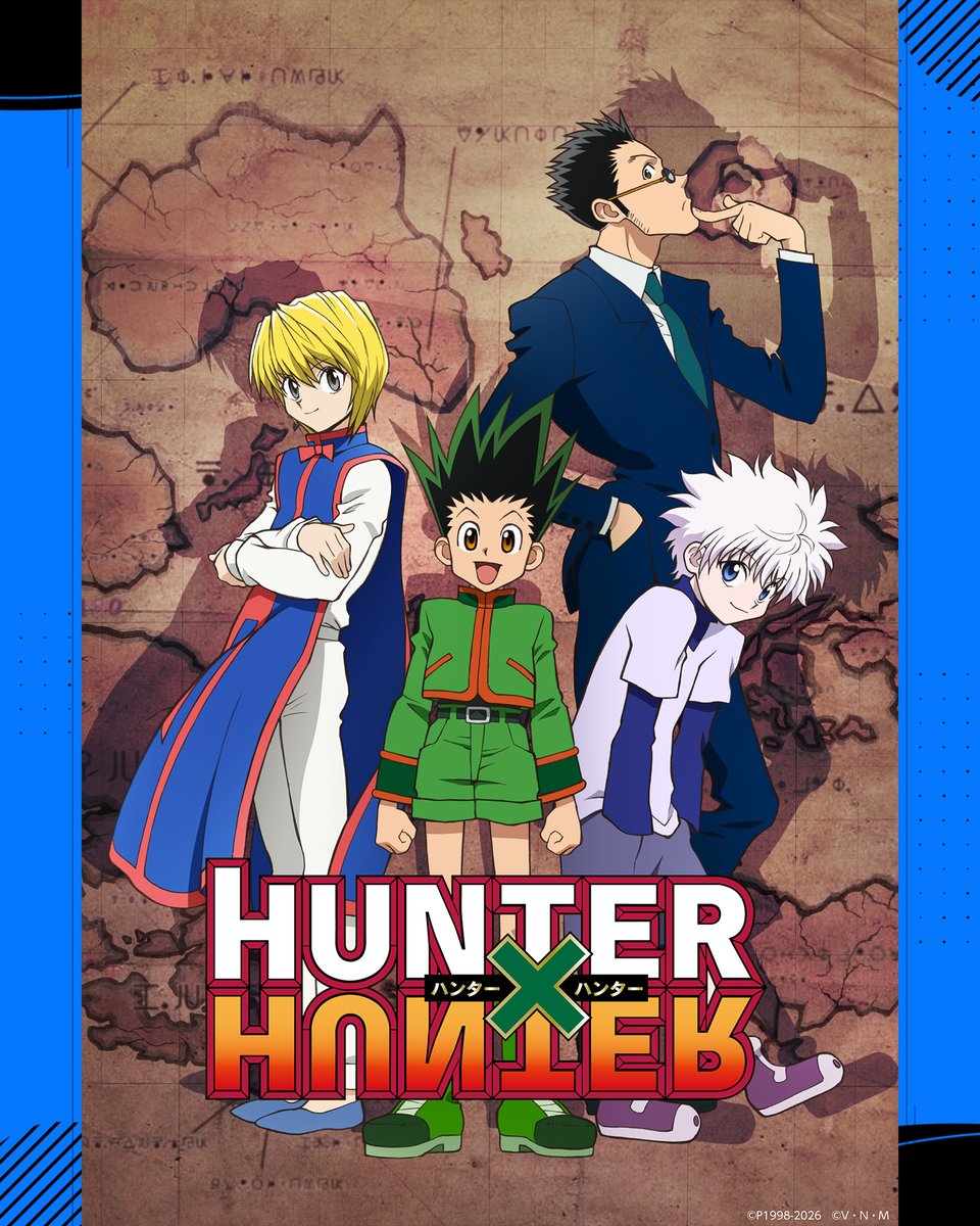 PrimeVideoAnime's tweet photo. オレでなきゃ見逃しちゃうね… 

『HUNTER×HUNTER』全148話が 
プライムビデオで見放題配信開始！✨ 

それぞれの目的のためハンターを目指す仲間たちの 
壮大な冒険ストーリー！⚔ 

ゴン＝フリークス役：潘めぐみ 
キルア＝ゾルディック役：伊瀬茉莉也　ほか