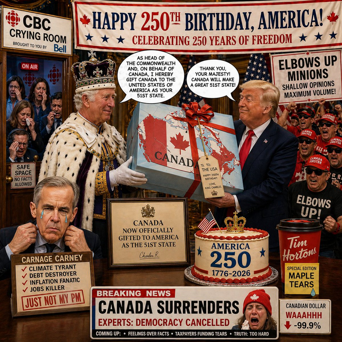 Trucker4F's tweet photo. MEME BATTLE 😂 Pick your favorite for @POTUS 

1️⃣ Daddy Trump gets a new Governor Carney puppet
2️⃣ Canada gifted as the 51st state

Vote below — 1 or 2?

CBC Crying Room in Ottawa is open for emotional support. Maple Tears available at Tim Hortons. 🤣
President Donald J. Trump Please enjoy your Birthday Present from the King. ❤
