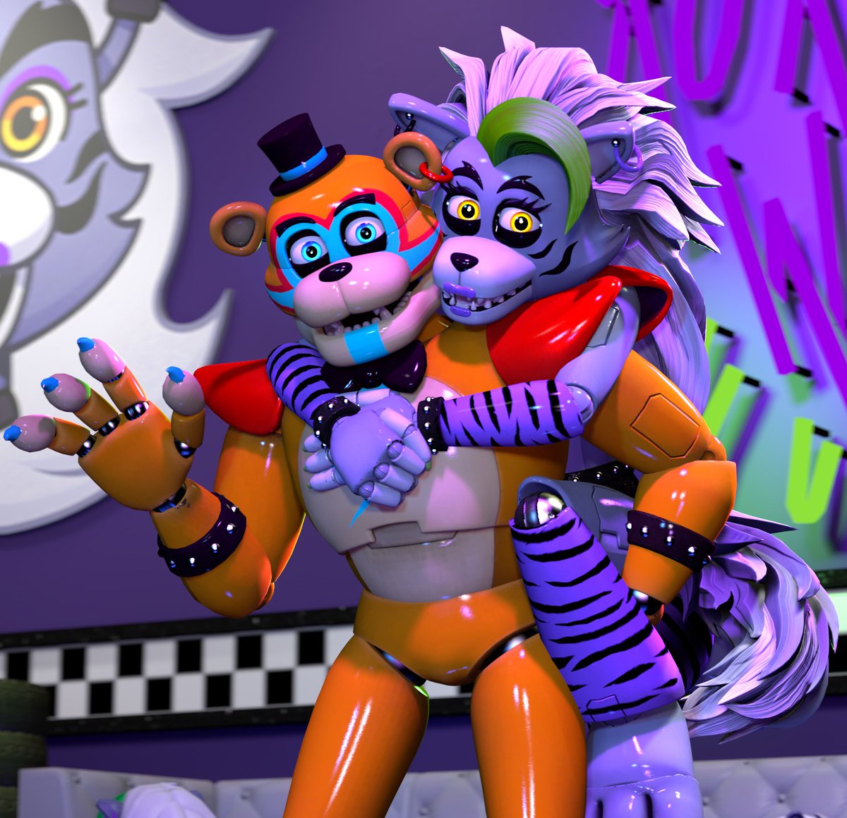 Wingskaiser's tweet image. Today is a special day for @BlueCerfjazz , and I made this poster for her birthday. I'm already working on two more. I hope you have a great day! Feliz Cumpleaños!

#fnaf #glamrockfreddy #roxannewolf