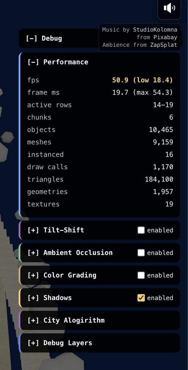 rameshvel's tweet photo. Shipped #Racernaut for #vibejam yesterday. fps tanked from ~40 to ~17 after 30 seconds of play. spent last night profiling and got it to a steady 60 to 70 fps.

Heres what I learned. #threejs #r3f

1. First move: built an in-game fps panel. fps, frame time, mesh count, geometries, textures,draw calls, etc.

without that you're guessing. immediately saw which counts kept growing as the fps fell.

I already have a detailed debug panel, to turn on/off all the features, meshes, properties, styles, render algorithms, now I can see performance metrics against each of these feature on/off. Its super easy to pin point whats causing it once I have this.

2. Added what's called frustum-based LOD.

  A "frustum" is the camera's pyramid-shaped view of the world -- everything inside it is what the player can see, everything outside is offscreen.

 Every ~150ms i check each city chunk: is its bounding box inside the frustum? if yes, render the detailed buildings. if not, swap in cheap colored boxes.

The camera spends most frames looking at maybe 4-5 chunks. all the others got to be lazy

3. Small problem: chunks at the edge of the camera view kept popping in and out -- detailed,simple, detailed, simple. flickery.

Fix: give the test a little wiggle room. a chunk has to be solidly out of view before it downgrades.

4. Also realized i was rendering too far ahead and behind the player.

8 rows ahead? player can barely see 4 before the distance haze. 4 rows BEHIND? chase camera literally points away from them.

cut both. instant win.

5. Ambient occlusion (those soft shadows in corners) looked nice but cost me ~30 fps.

 Decided it wasn't worth it for a fast-moving driving game. turned it off by default. Its still there but turned off for now till I figure out how to fix it

6. Biggest surprise: shadows.

 I assumed shadows only got drawn for visible objects. they don't. the sun has its own "view" of the world, and EVERY shadow-casting building inside it gets re-rendered every frame.

shrunk that view + the shadow map. half the cost.

End result: ~17 fps -> steady ~70 mid-game. no huge rewrites. 

just learning to ask "is this work actually showing up on screen?" over and over.

If you're starting out like me: build the stats panel first. you can't fix what you can't see.

 play it -> https://t.co/aFl3Zz41hv