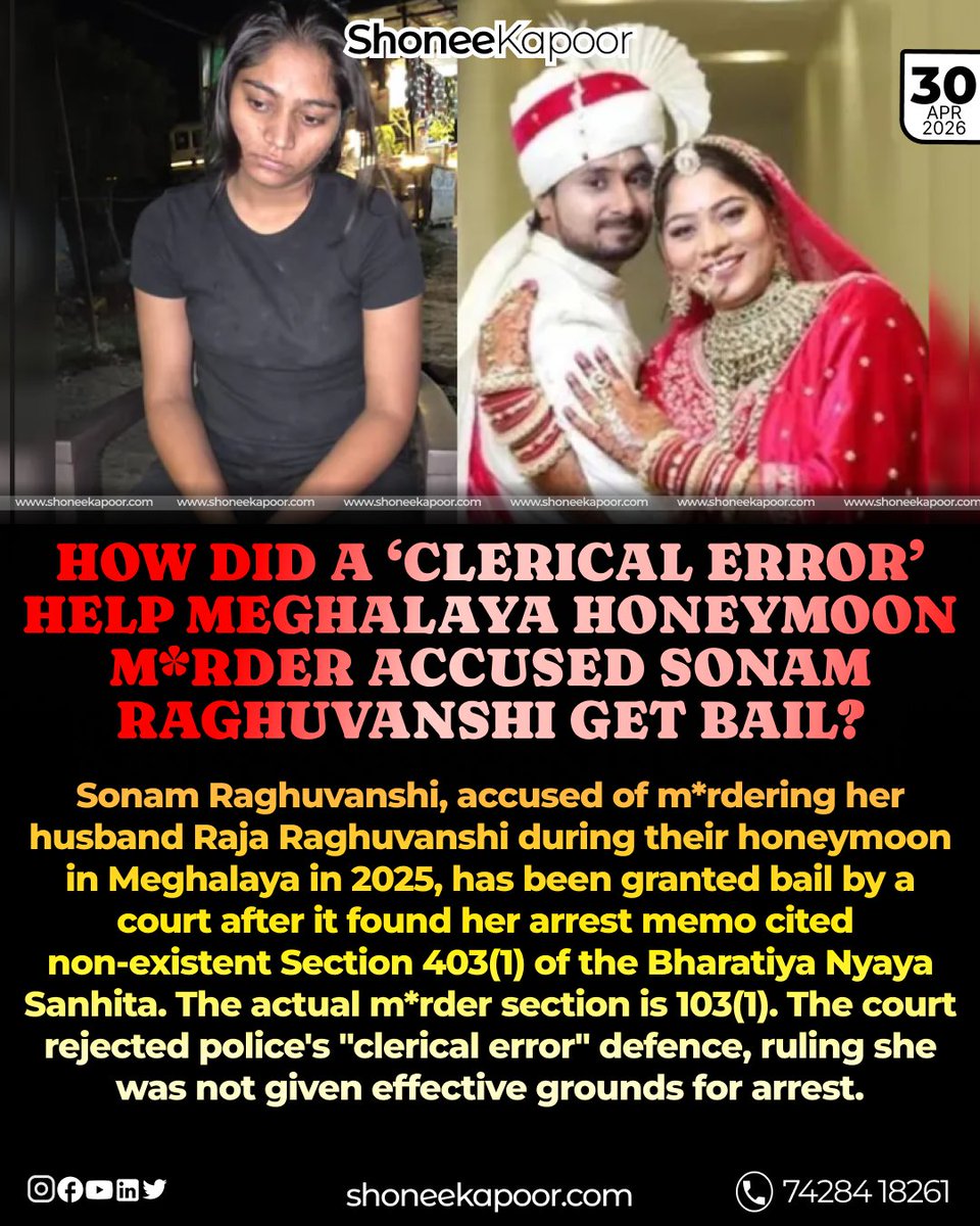ShoneeKapoor's tweet photo. Honeymoon M*rder: Husband K!lled, Wife Accused — Bail Granted After Police Blunder

Sonam Raghuvanshi, accused of mrdering her husband Raja Raghuvanshi during their honeymoon in Meghalaya (2025), has been granted bail after the court found a serious legal defect in her arrest. The police shockingly cited a non-existent Section 403(1) BNS, whereas the correct provision for mrder is Section 103(1) BNS.

The court outright rejected the “clerical error” defence and held that she was not given proper legal grounds for arrest, making the arrest itself invalid — leading to bail. This is not about innocence, this is about how police incompetence can destroy a m*rder case at the very foundation.

A man is K1LLED, the wife is the prime accused, yet the case weakens due to basic procedural failure. This is exactly how the system fails men — even when they are no longer alive to speak.

Sonam Raghuvanshi Gets Bail in Honeymoon Murder Case:👇 
https://t.co/TdXBchBvch

SOURCE: Inshorts | NDTV

#MensRights #JusticeForMen #HoneymoonM*rder #Bail #PoliceFailure #LegalFailure