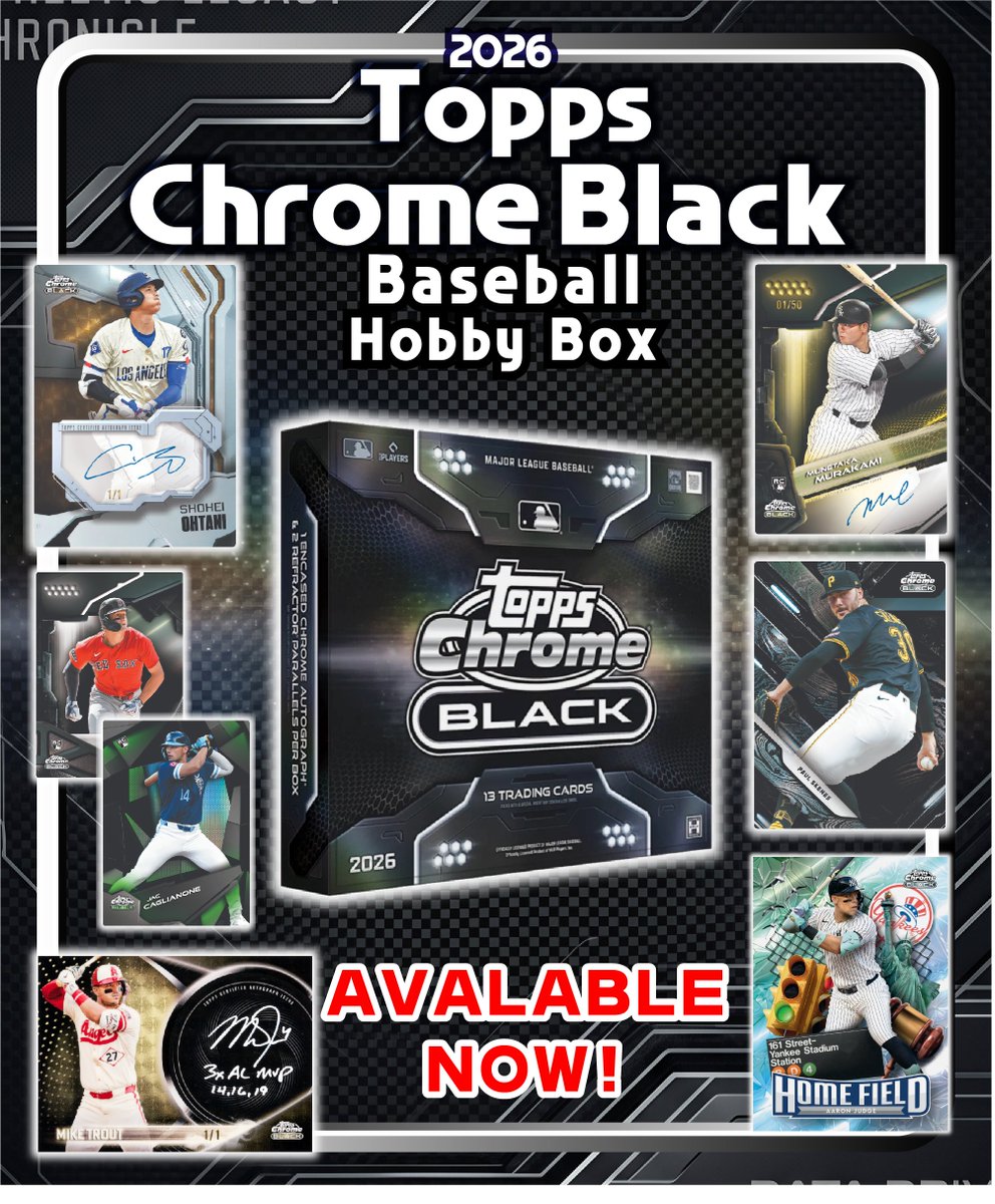 BROG_SUIDOBASHI's tweet image. ⚾️2026 Topps Chrome Black Baseball Hobby Box⚾️

🔥本日発売🔥

2パック各6枚＋
エンケースドのオンカードオート1枚。
各パックにパラレル1枚入り。

Home FieldやDamascusなども
注目のHobby Boxです。

#baseballcards #Topps #tokyo #suidobashi