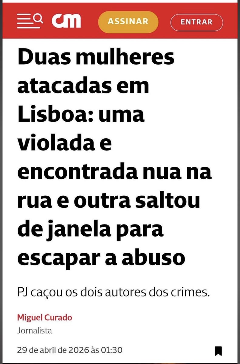 Duas mulheres atacadas em Lisboa numa só noite: uma violada e encontrada nua na rua, outra saltou da janela para fugir do agressor.

A notícia nem menciona a nacionalidade dos violadores.

Isto já não é omissão.

É cumplicidade.

Enquanto o país se afunda em violência, a
