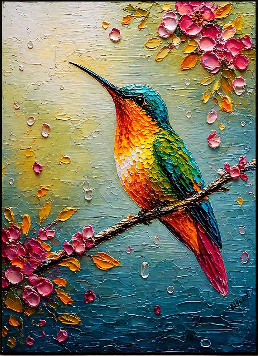 ElseedUg's tweet photo. "Hummingbird flitting from blossom to blossom I" 🌸
Elseedart
Acrylics painting on canvas.
Size: 16x20"
Vibrant hues and textured beauty! 🎨 This hummingbird painting captures the magic of spring. What details catch your eye? 🌸✨ #HummingbirdArt #FloralPainting #TextureArt https://t.co/zr3HaqLfLi