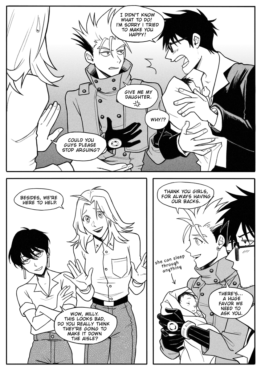 Freeflorbe's tweet photo. #vashwood comic pages 18 to 20.
Read from left to right 😊.
Remember, this happens in the middle of Vash and Wolfwood's journey, so they still have matters to take care of, and their baby shouldn't be involved. https://t.co/gDWZn1672M