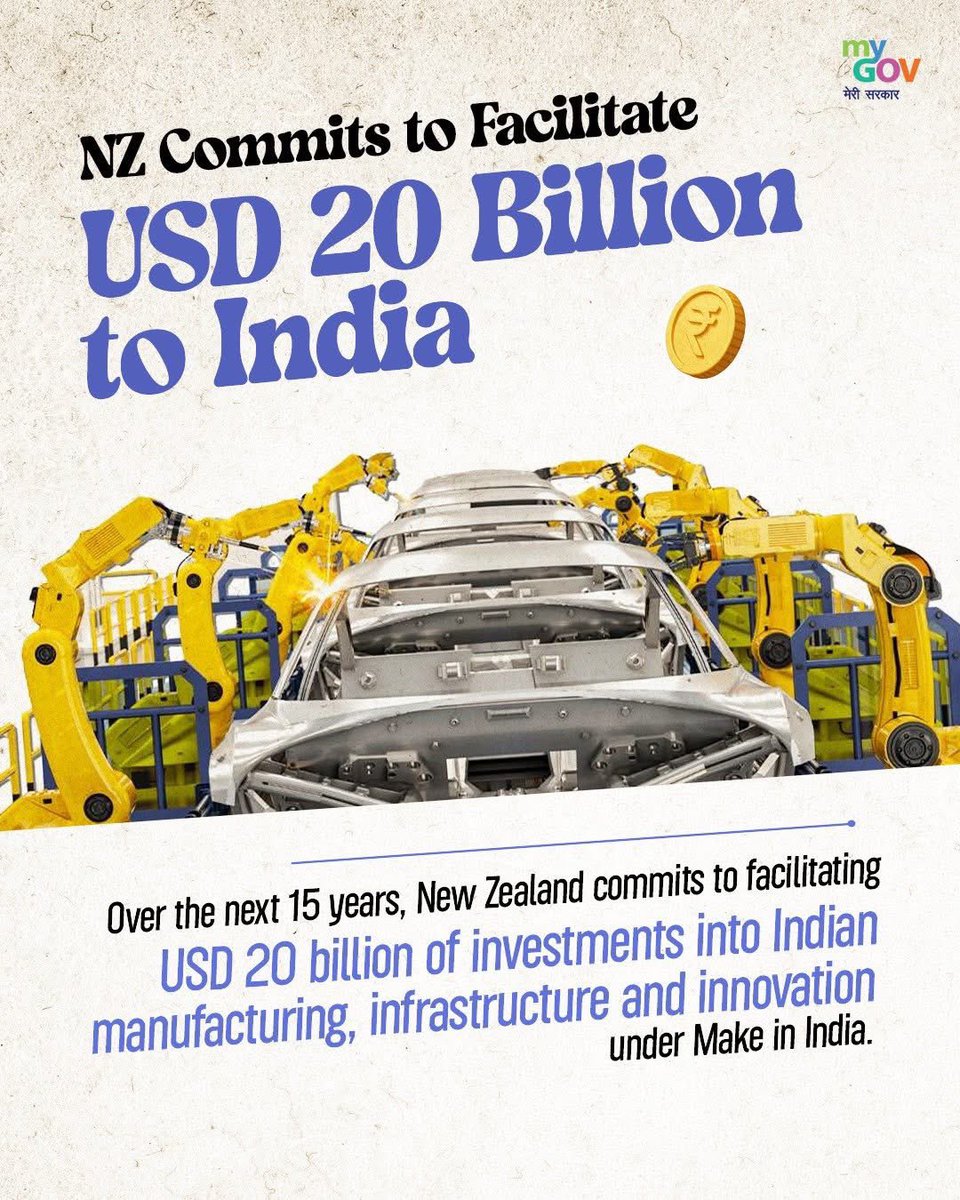 Boosting investment,expanding collaboration in key sectors like Agriculture,MSMEs,while protecting Bharat’s core interests,a defining trade deal under Hon #PM <a href="/narendramodi/">Narendra Modi</a> Ji’s leadership concluded in record 9 months,providing 💯 % dutyfree access for our exports to New Zealand.
