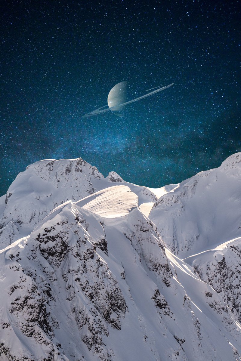 purenature_1's tweet image. Snowy mountains in a starry night 🪐 #Saturn