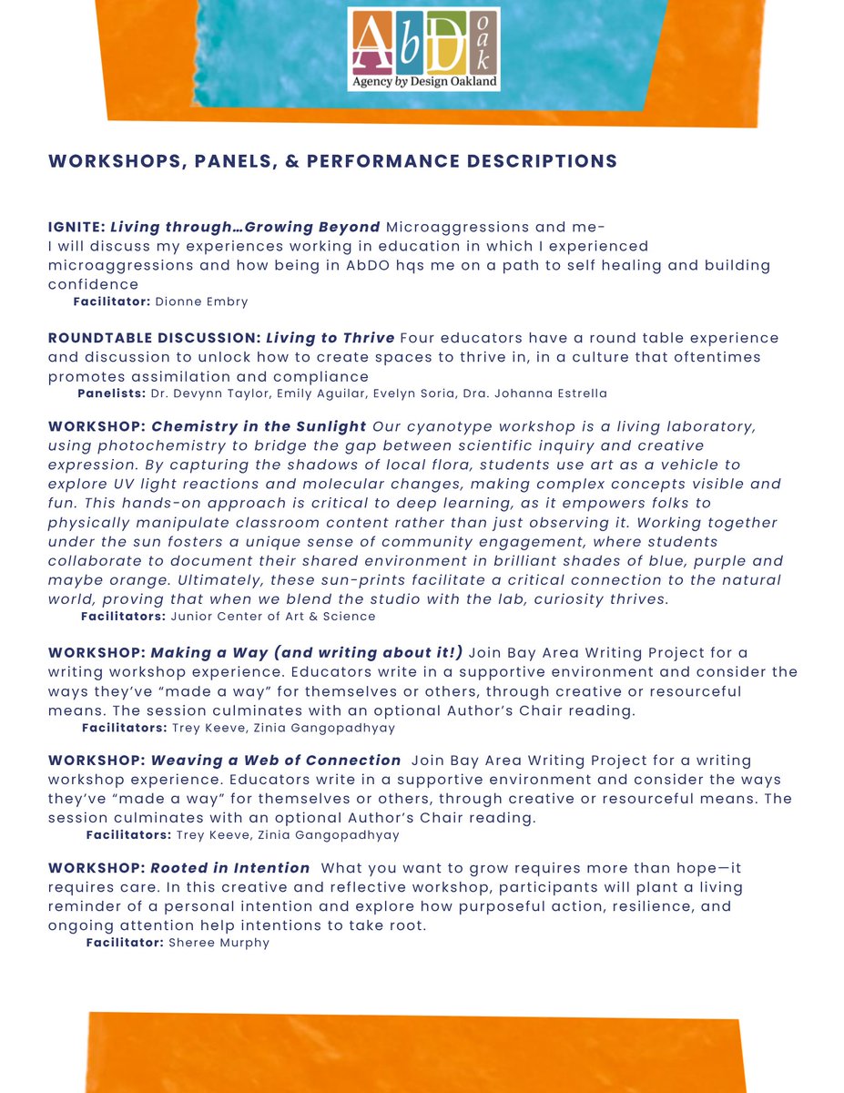 AbdOakland's tweet photo. CHECK OUT THIS LINEUP!!! This year's presenters are really on another level. We'll be out there learning from our incredible #abdoapprenticeship and #teacherfellowship teacher leaders and #BayAreaWritingProject and #JuniorCenterofArtandScience's expert facilitators https://t.co/9rbk5AqlqR