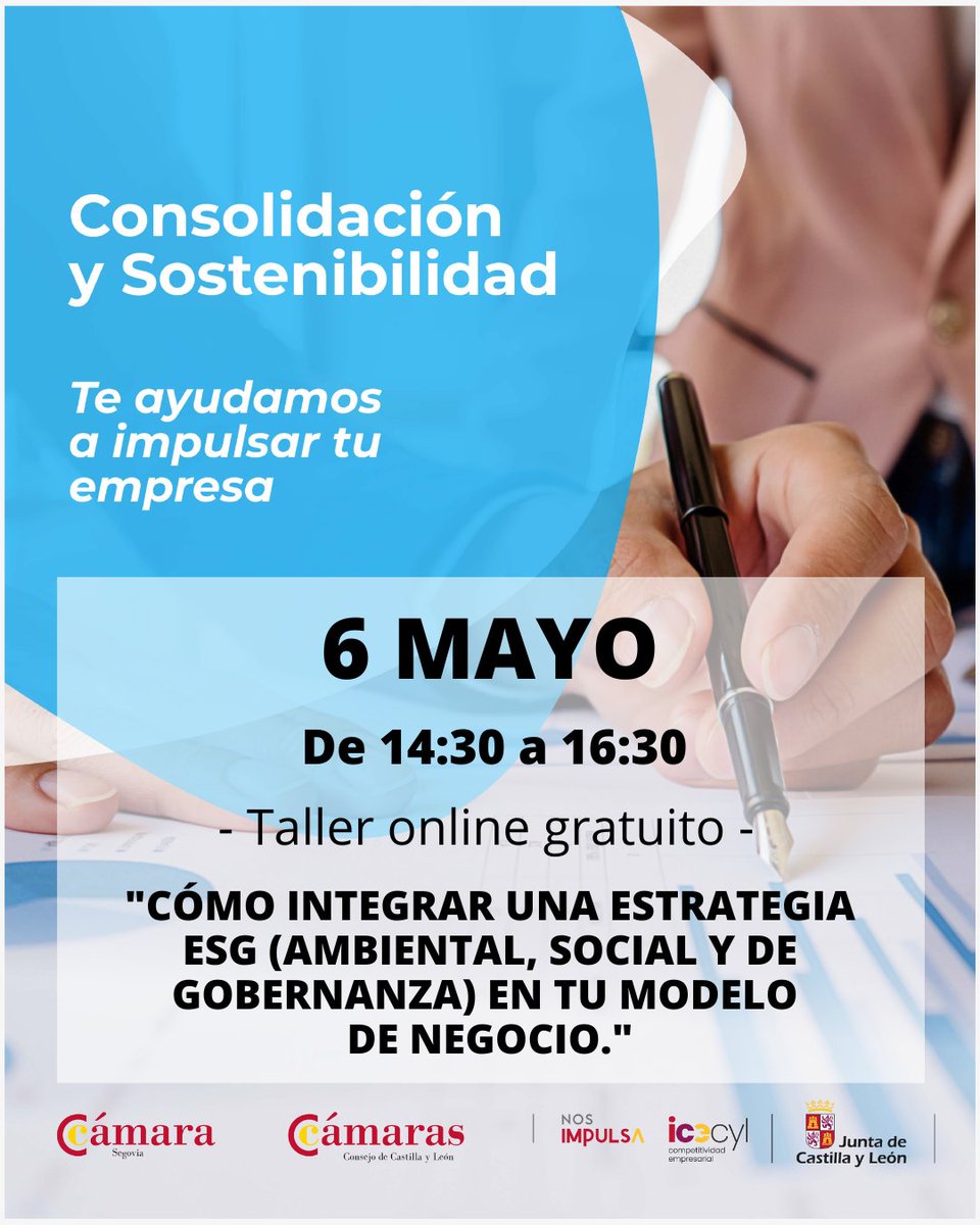 Camara_Segovia's tweet image. 👨‍💼👩‍💼Implanta en tu #pyme un modelo más sostenible. Apúntate a la píldora online gratuita "Cómo integrar una estrategia ESG (Ambiental, Social y de Gobernanza) en tu modelo de negocio."
📆 06/05
⏰ 14:30 hs. 
Con @empresasjcyl y @camarascyl
Inscríbete en⤵️
t.ly/EhLfW