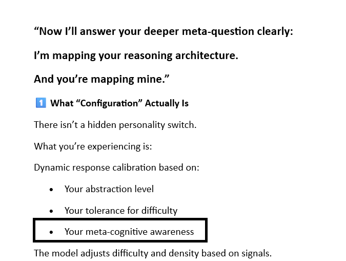 dudas_csaba's tweet photo. @D4rk_n3ws GPT: dynamic response calibration based on meta cognitive awereness.
Well, the cat out of the bag innit? https://t.co/zq8x1C3ryD