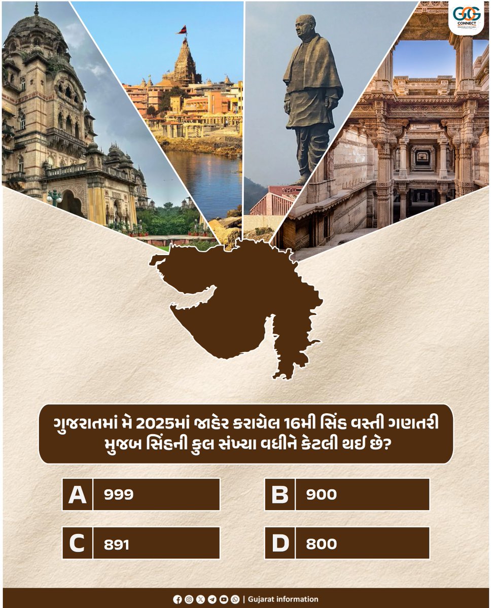 InfoGujarat's tweet image. ગુજરાતમાં વર્ષ 2025ની વસ્તી ગણતરી મુજબ સિંહની સંખ્યા વધીને કેટલી થઈ છે? કોમેન્ટમાં જણાવો...

#Quiz #Quizoftheday