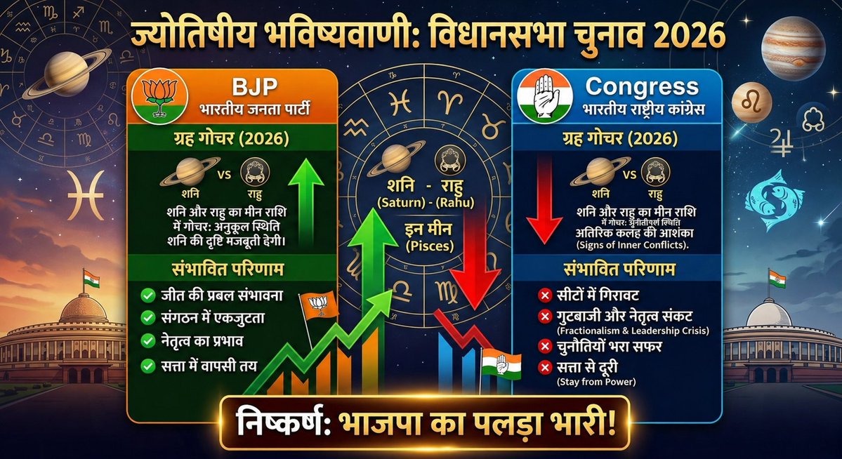 SujalVijay69275's tweet image. 🚀 2026 विधानसभा चुनाव: ज्योतिषीय भविष्यवाणी! 🪐
असम, पश्चिम बंगाल, केरल और तमिलनाडु में किसकी बनेगी सरकार? 
देखिए #BJP और #Congress की कुंडलियों का गहन विश्लेषण और मेरा अंतिमनिष्कर्ष! 👇
#Election2026 #AstrologyPrediction #WestBengalElections #Assam #KeralaElections #TamilNadu