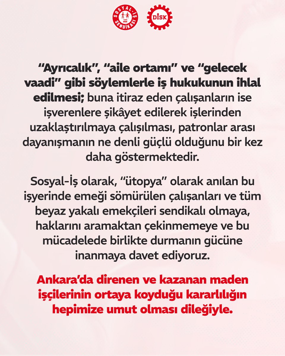Tüm “ütopya” çalışanlarına çağrımızdır: Örgütlü ol, güçlü ol!

🔴 Son günlerde sosyal medyada gündeme gelen, Insider One isimli şirketin üst düzey yöneticisine ait videoda; günlük 18 saat, haftanın 7 günü çalışma, ücret ve yan hak beklentisinin olmaması, sağlık sigortası talep