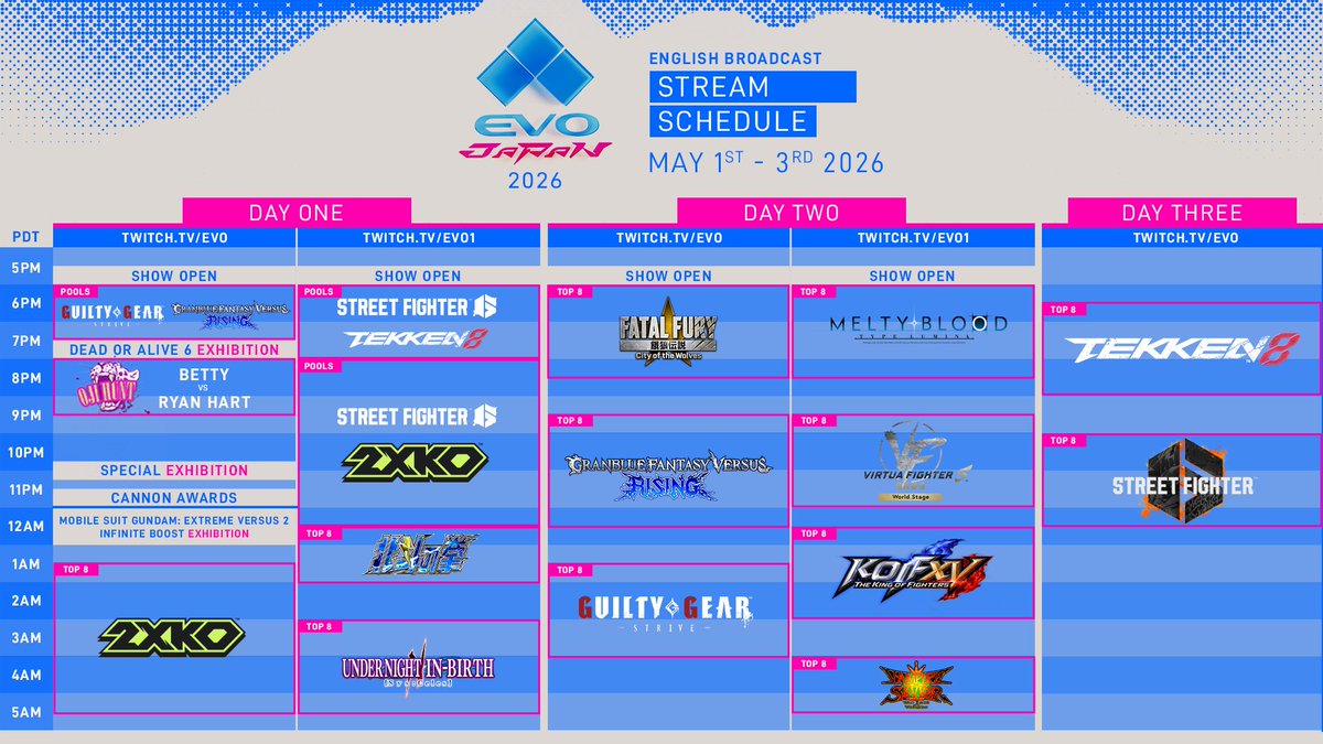 #EvoJapan2026 kicks off tomorrow at 5PM PDT!

Here is the English Broadcast schedule for the weekend.