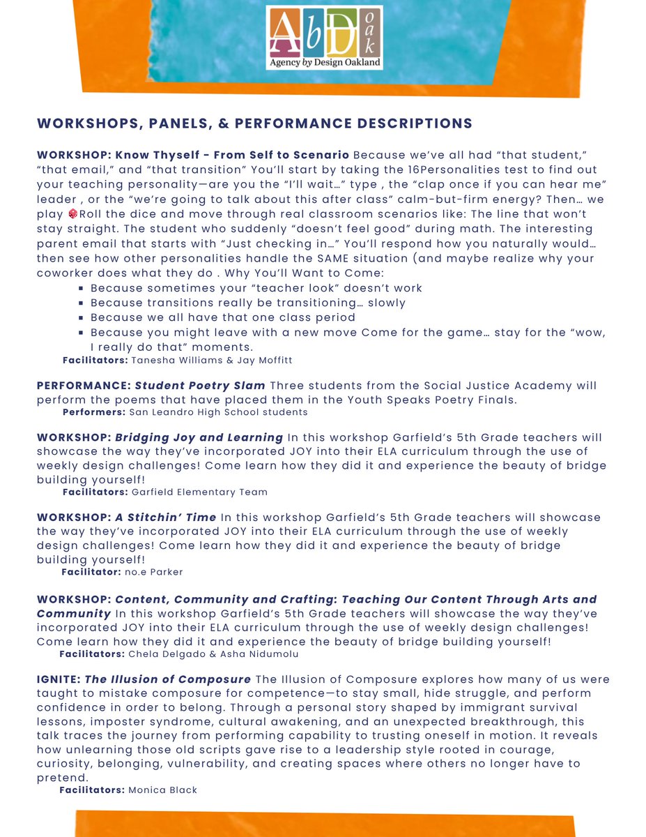AbdOakland's tweet photo. CHECK OUT THIS LINEUP!!! This year's presenters are really on another level. We'll be out there learning from our incredible #abdoapprenticeship and #teacherfellowship teacher leaders and #BayAreaWritingProject and #JuniorCenterofArtandScience's expert facilitators https://t.co/9rbk5AqlqR