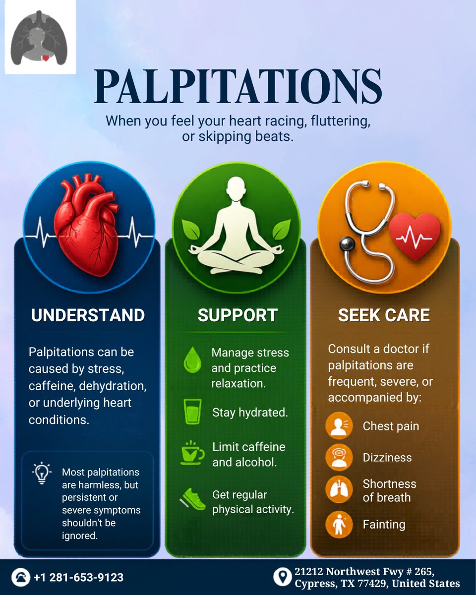 nexusspecialty's tweet image. Heart racing or skipping beats? 
Palpitations can be caused by stress, caffeine, dehydration—or something more serious.
Don’t ignore warning signs like chest pain, dizziness, or shortness of breath.

📞 +1 281-653-9123
#HeartHealth #HealthAwareness #NexusSpecialtyClinic