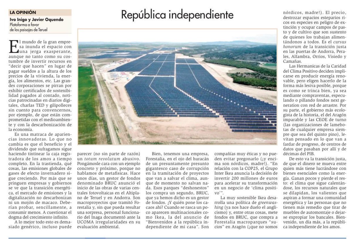 Cuando se monta un mueble tambien se ayudada a expropiar agricultores y deteriorar espacios naturales.  Loable apostar por las renovables, pero mejor hacerlo sin afecciones.