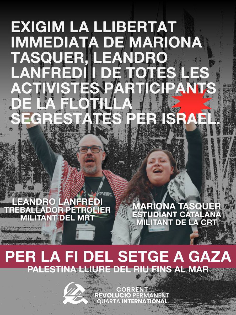 CRTorg's tweet photo. Esta madrugada Israel ha interceptado ilegalmente 22 barcos de la flotilla y secuestrado a sus participantes, entre ellos nuestros compañeros Mariona y Leandro 
¡Libertad inmediata de todos los activistas secuestrados! Todos los ojos en Palestina, todos los ojos con la flotilla. https://t.co/PlNr0mYiYA