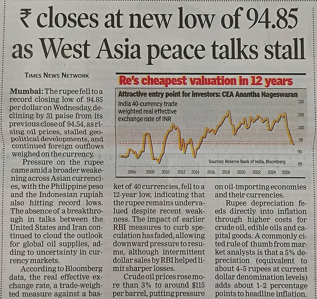 AdvocateIndian's tweet image. ₹ closes at new low of 94.85 as West Asia peace talks stall | Times of India 30/04/2026 #Rupee #Currency #USDollar @ETForex @FOREXcom @ForexFactory #forexsignals #FIIs #giftnifty #goldrate #sensex #nifty #StockMarket #dowjones #nasdaq @EconomicTimes @bsindia @livemint @WSJ @CNBC