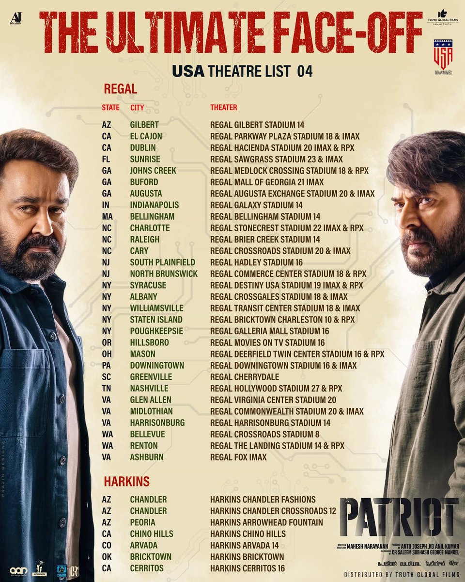 aznamaste's tweet photo. #Patriot USA Theatre List 

In Cinemas from Tomorrow

#PatriotUSA #MustWatch2026 #Nayanthara #Mohanlal #Mammootty #Fafa #kunjackoboban https://t.co/hGtJ2VwF5Z