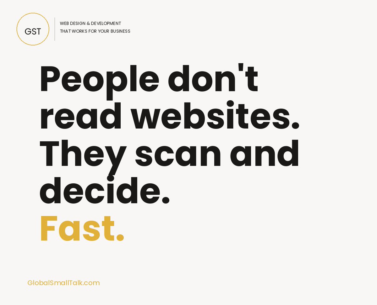 GlobalSmallTalk's tweet photo. People don't read websites. They scan and decide. Fast.  

#UX #WebDesign #UserBehaviour #Marketing https://t.co/kc5jPNQ5GE