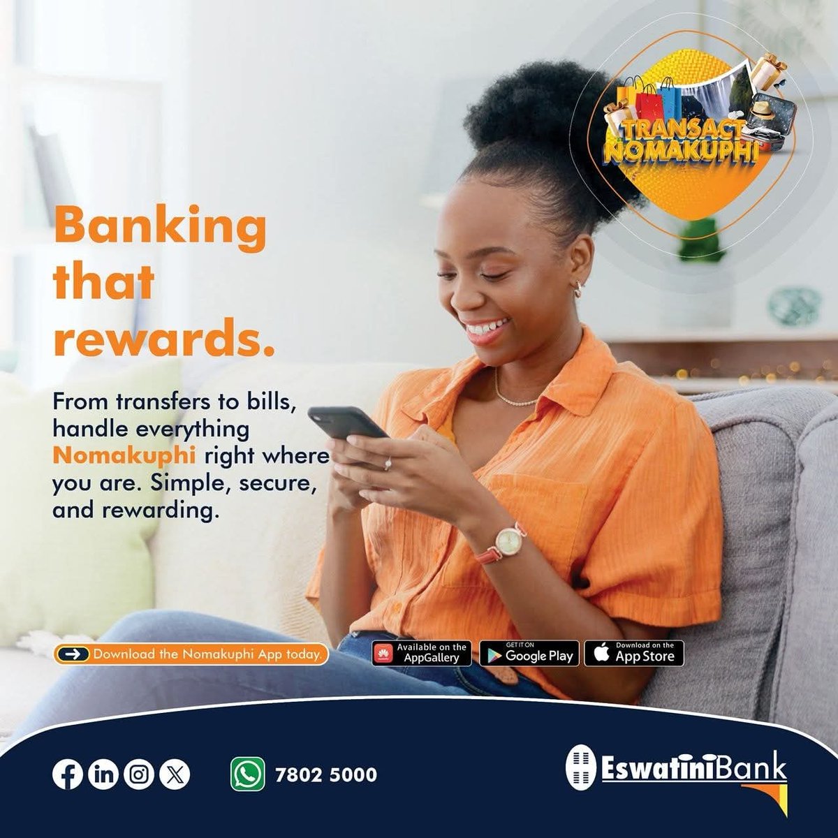 EswatiniB's tweet image. Bank smarter. Get rewarded. 📱
With the Nomakuphi App, managing your money is simple, and every transaction could bring you more.
#EswatiniBank #LibhangeLesive #TransactandWin #DigitalBanking #NomakuphiApp