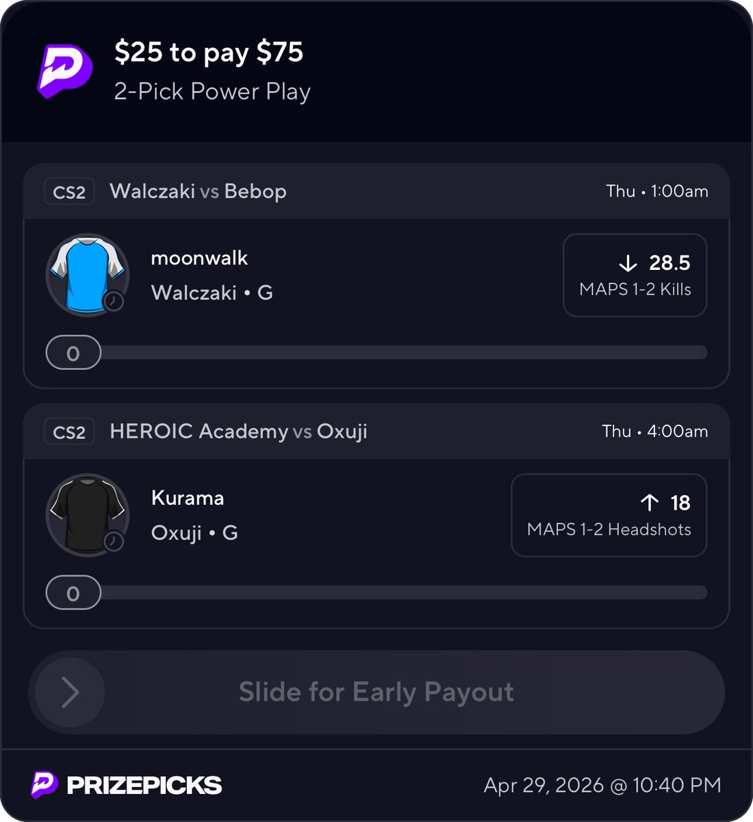 FitzDFS's tweet image. 🍒 CS2 Wake N Cash 

Both plays are straight from my model and I’ve attached screenshots down below! 

I would say my fav is moonwalk U 28.5 kills 

Like = Tailing ❤️

#Esports #CS2 #PrizePicks #GamblingX