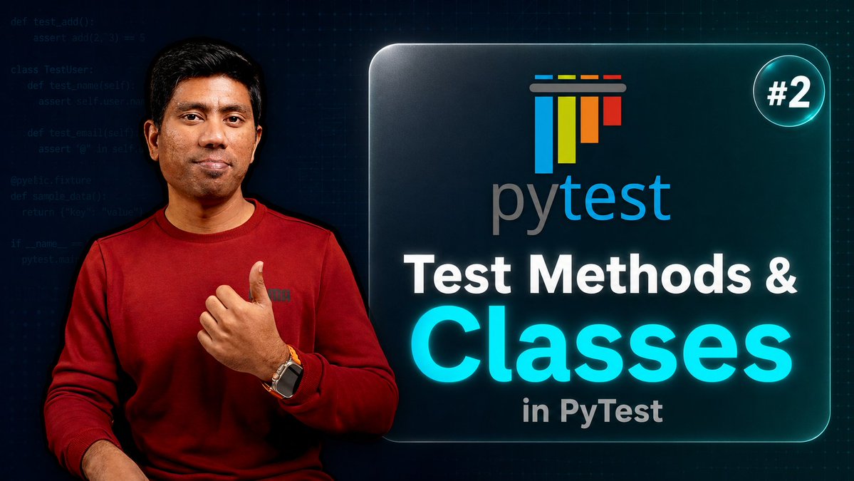 ExecuteAuto's tweet image. #2 - Working with Tests And Classes in PyTest  In the second video of our complete Pytest series from Beginner to Advanced — I'll show you how it to write test with different test methods and test classes.  
youtu.be/-p916gdX2x8 #executeautomation 
#pytest #classes #ai #llms