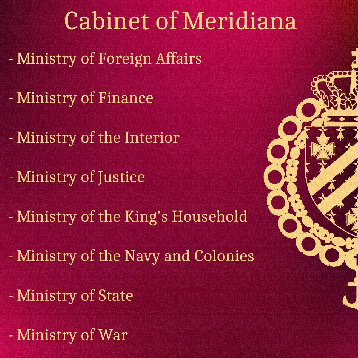 meridianagov's tweet image. The Meridianan Ministry, commonly referred to as our Cabinet, sets the government's policies and priorities for the kingdom.

Listed below are the 8 ministries that currently make up the Cabinet:

#government #meridiana #micronations