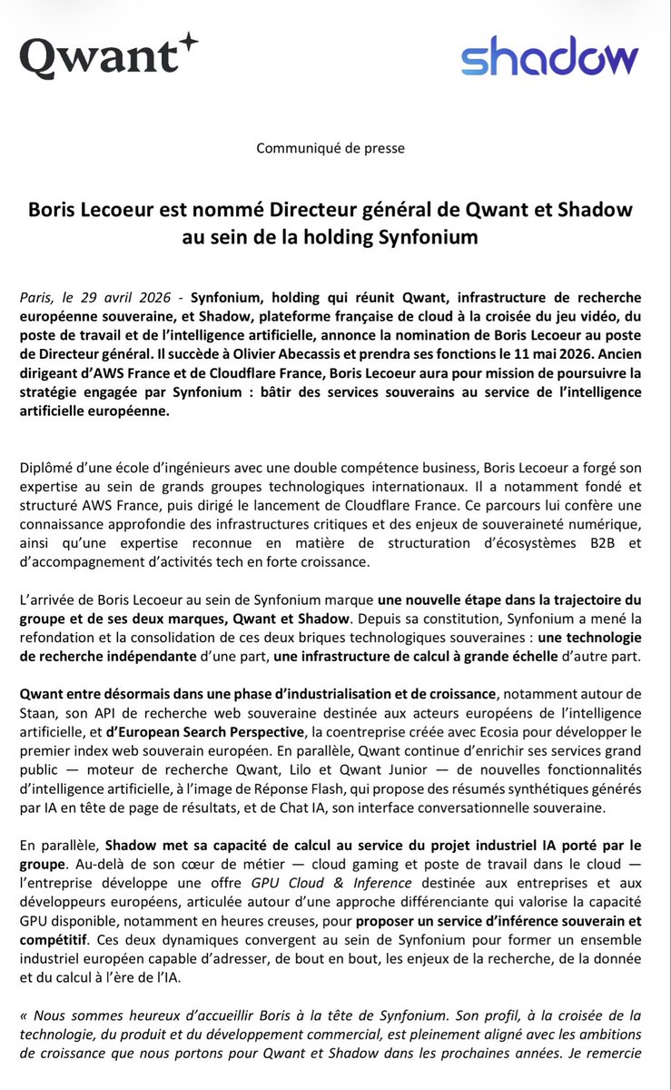 olesovhcom's tweet photo. Merci Olivier Abecassis https://t.co/2pNtP6LQk0 pour ces 3 années de travail acharné avec autant de passion ! Grace à toi, Synfonium avec Qwant et Shadow sont désormais quasiment à l'équilibre financier avec des équipes à fond sur la balle et les technologies uniques utilisées par des millions d'utilisateurs ! Un nouveau chapitre va pouvoir s'écrire avec une vraie place pour ces entreprises dans l'écosystème European. 

Très heureux d'annoncer que Boris Lecoeur https://t.co/Lht81cZ2rp reprend la direction générale de Qwant et Shadow pour poursuivre la stratégie, que nous avons voulu avec CDC, pour Synfonium : créer et opérer un regroupement des entreprises technologiques dans le Cloud et AI pour les clients B2C en Europe. La 1ere étape est clairement franchit et nous allons désormais passer à la vitesse supérieure :) W8 !