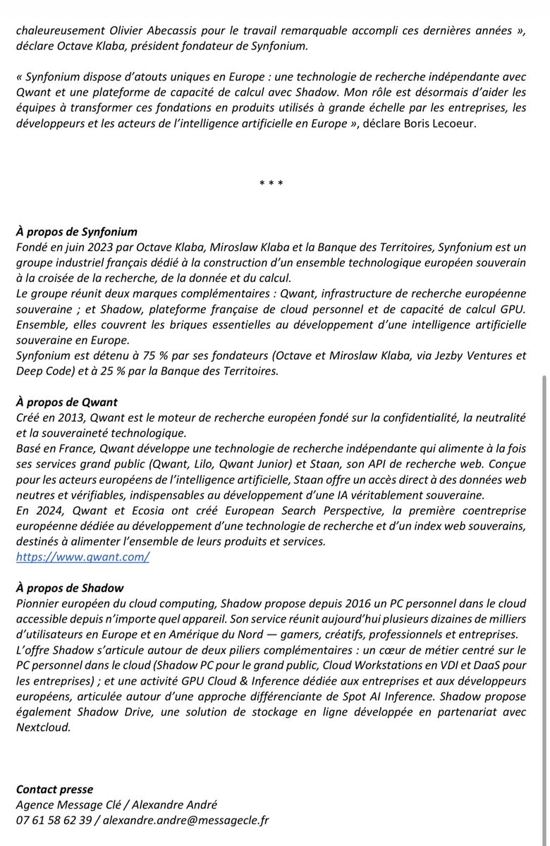 olesovhcom's tweet photo. Merci Olivier Abecassis https://t.co/2pNtP6LQk0 pour ces 3 années de travail acharné avec autant de passion ! Grace à toi, Synfonium avec Qwant et Shadow sont désormais quasiment à l'équilibre financier avec des équipes à fond sur la balle et les technologies uniques utilisées par des millions d'utilisateurs ! Un nouveau chapitre va pouvoir s'écrire avec une vraie place pour ces entreprises dans l'écosystème European. 

Très heureux d'annoncer que Boris Lecoeur https://t.co/Lht81cZ2rp reprend la direction générale de Qwant et Shadow pour poursuivre la stratégie, que nous avons voulu avec CDC, pour Synfonium : créer et opérer un regroupement des entreprises technologiques dans le Cloud et AI pour les clients B2C en Europe. La 1ere étape est clairement franchit et nous allons désormais passer à la vitesse supérieure :) W8 !